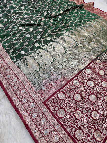 Bottle green & maroon shade Bridal Satan katan ari & stone work Banarasi silk Saree