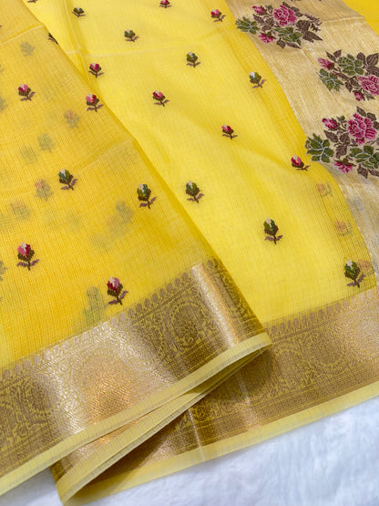 Yellow shade cotton kota embroidery Banarasi saree