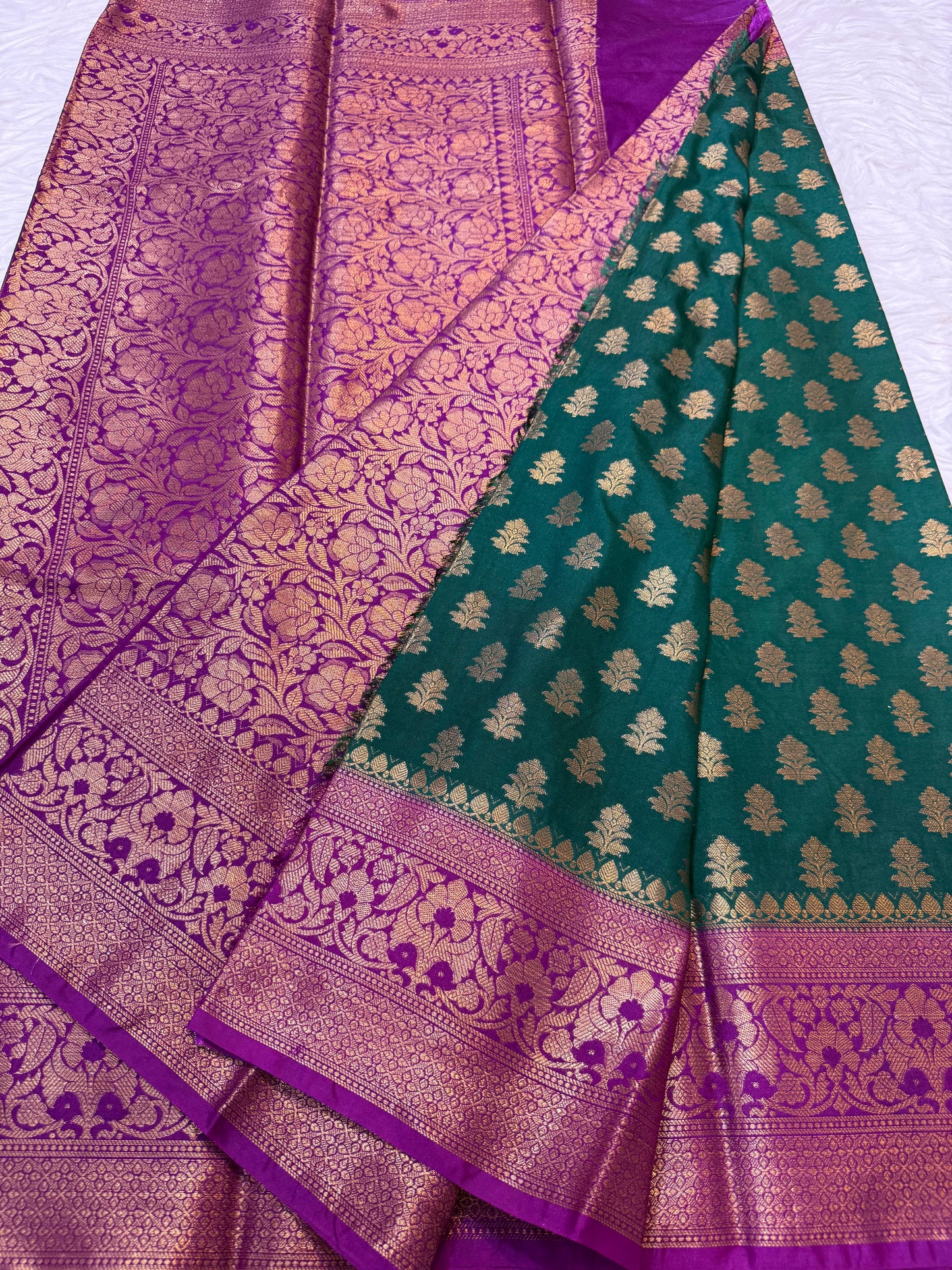 Bottle green & magenta Dupion Silk premium Banarasi Saree