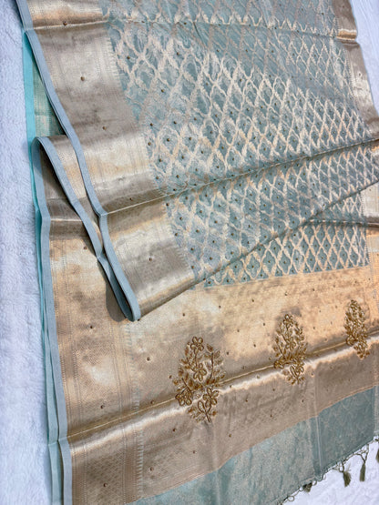 Sea green shade tissue kota designer handwork premium Banarasi saree