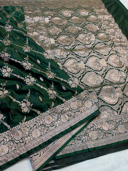 Bottel green shade Bridal Mashru ari & stone Silk Banarasi Saree