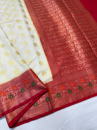 Off white & red shade  Dupion Silk premium Banarasi Saree