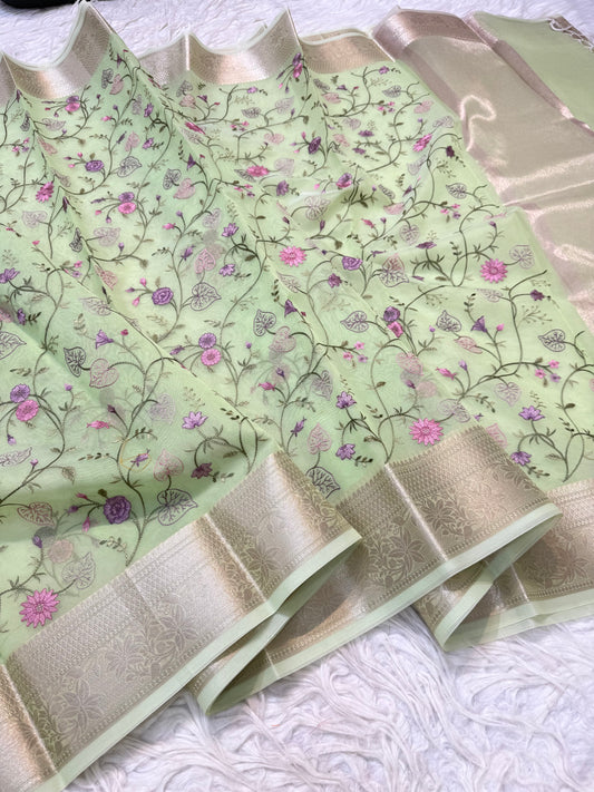 Pista green  shade organza embroidery Banarasi saree