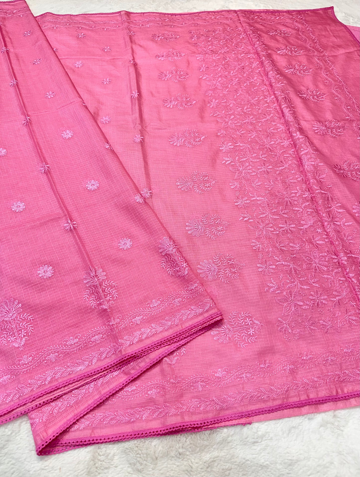 Pink shade cotton kota chickenkari embroidery Banarasi saree