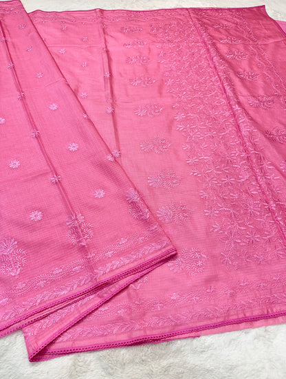 Pink shade cotton kota chickenkari embroidery Banarasi saree