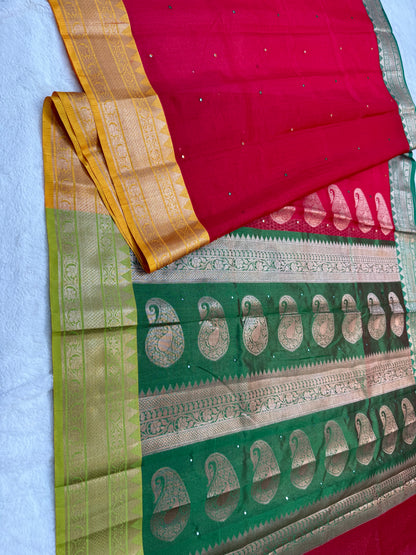 Red & mustard green shade kota mirror work premium Banarasi saree