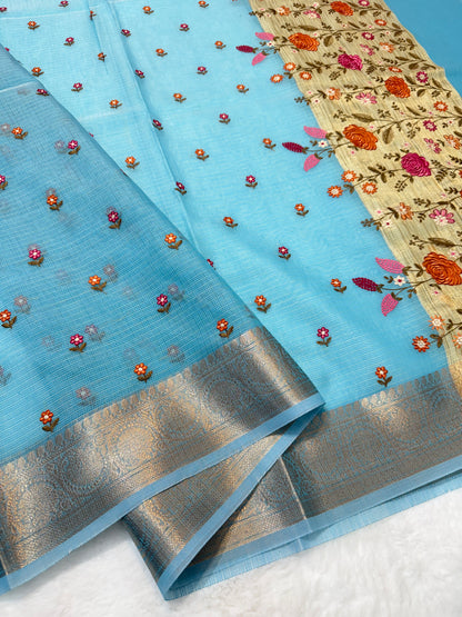 Sky blue shade cotton kota embroidery Banarasi saree