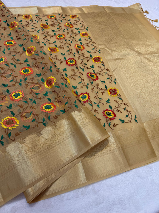 Beige shade organza designer premium embroidery Banarasi saree