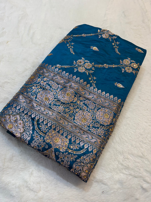 Dark ferozi shade Bridal Mashru ari & stone Silk Banarasi Saree