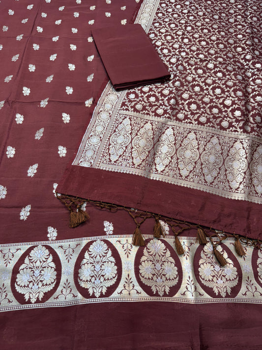 Wine Chiniya Silk Silver Zari Weaving Work Banarasi Suit