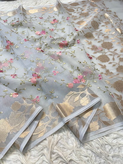 Grey shade kora organza  embroidery Banarasi saree