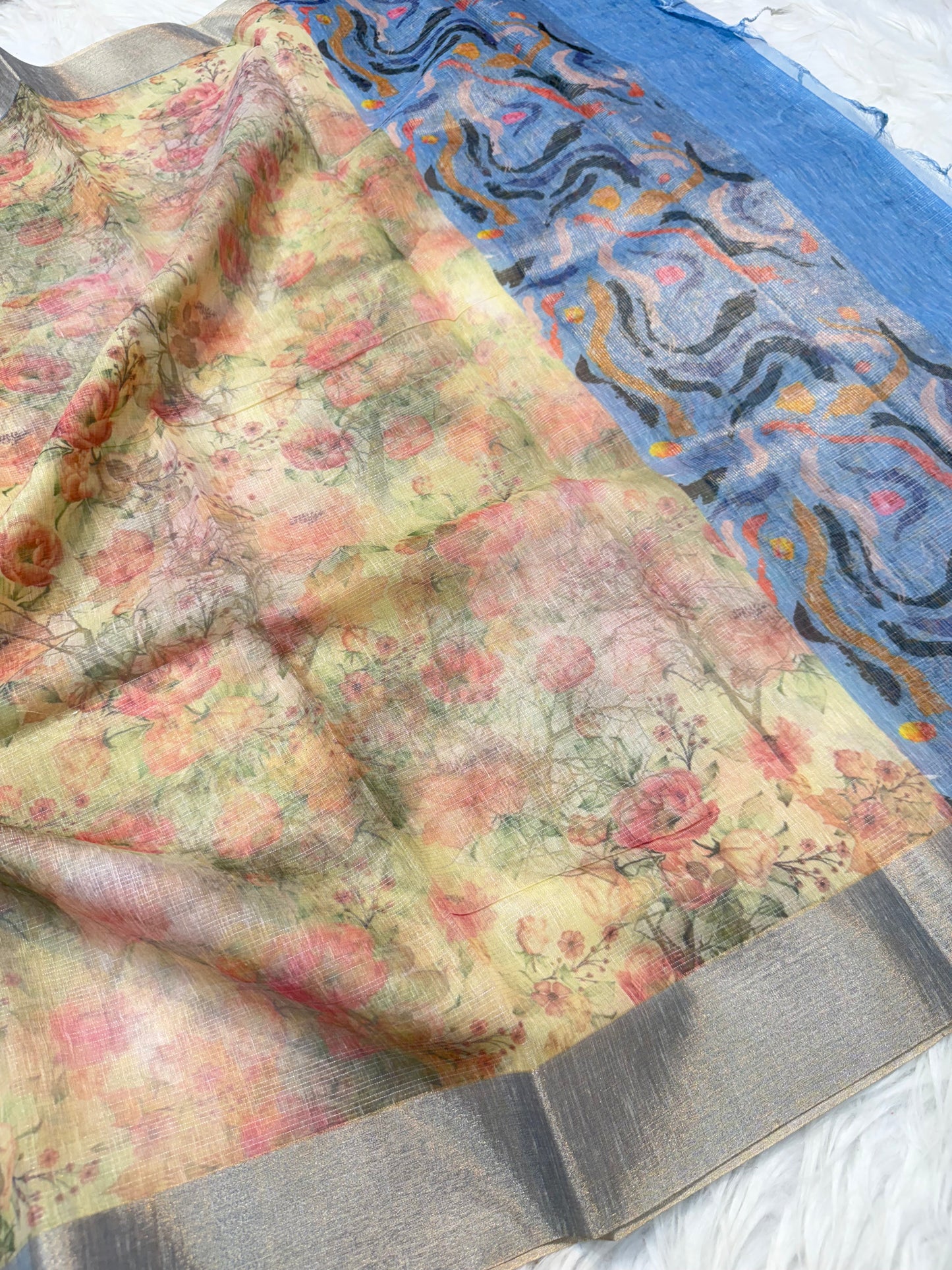multicolour linen digital print Banarasi saree