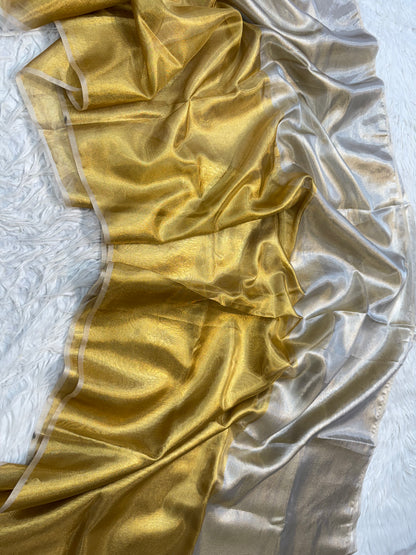 Gold silver shade soft tissue half half Banarasi saree
