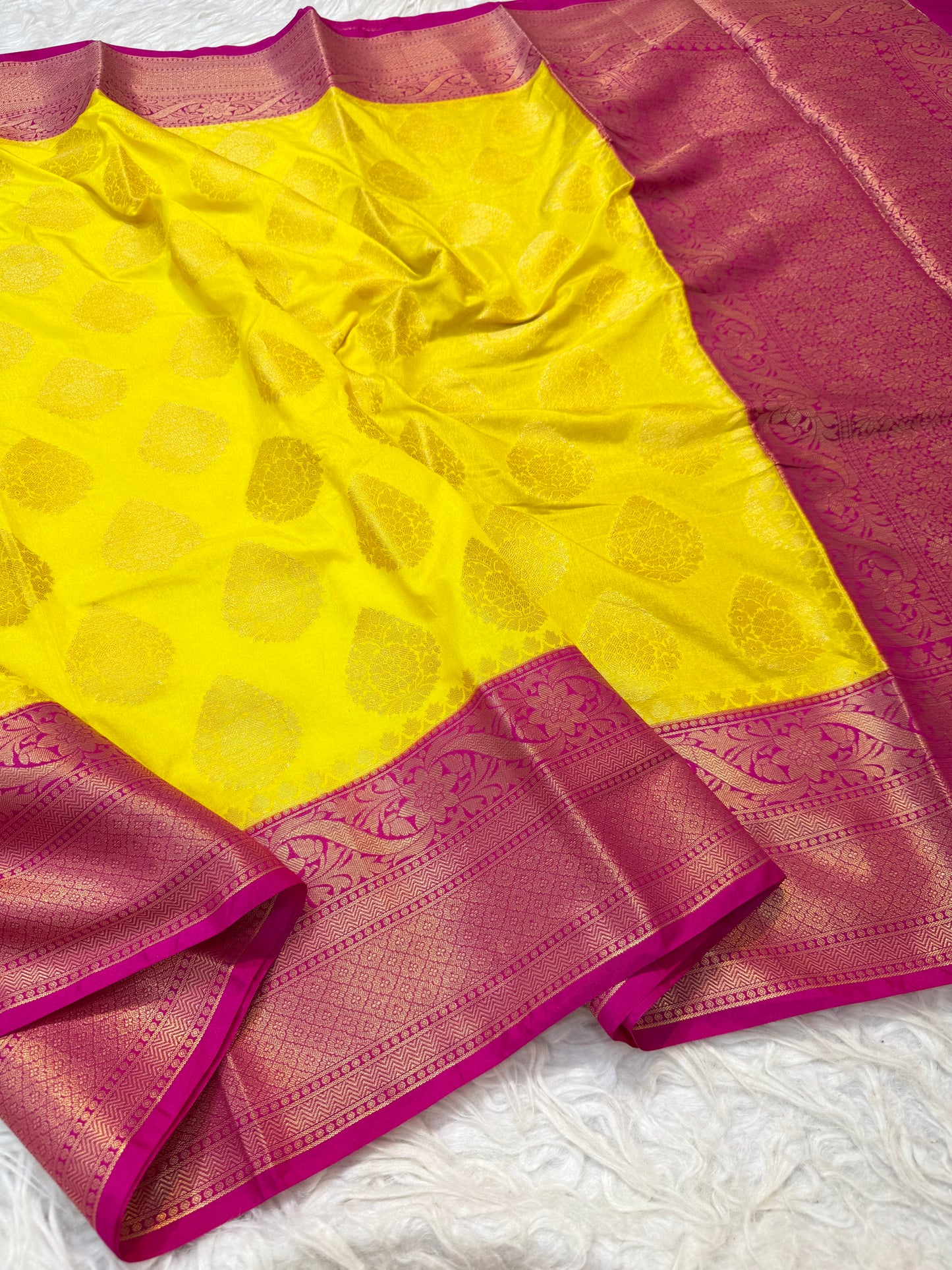Yellow & royal pink Dupion Silk Banarasi Saree 
