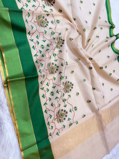 Off White Sea green bottle green shade tissue kota embroidery Banarasi saree