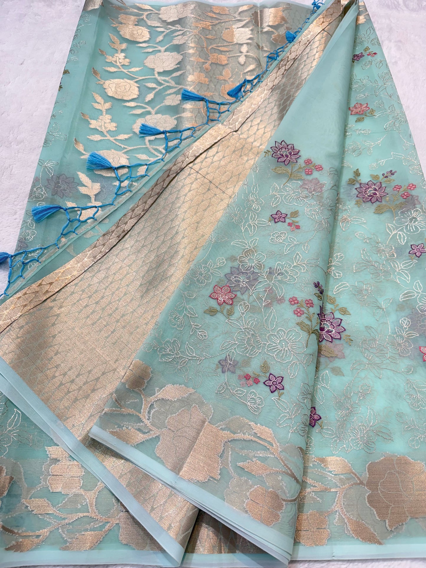 Turquoise shade organza designer  embroidery premium Banarasi saree