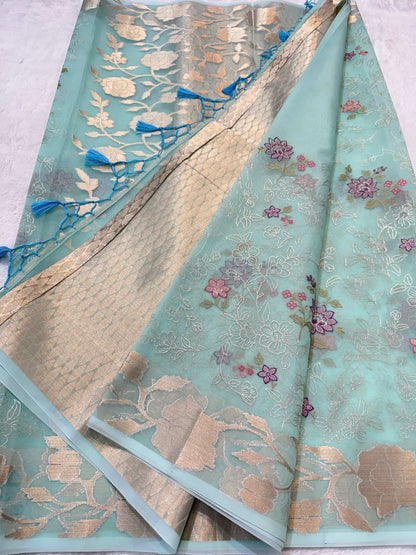 Turquoise shade organza designer  embroidery premium Banarasi saree