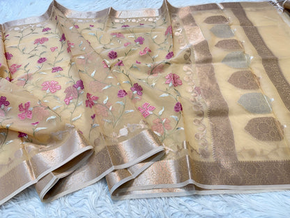 Beige shade  kora organza  embroidery Banarasi saree