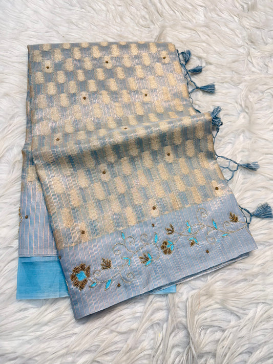 Powder blue shade tissue kota zardosi work Banarasi saree