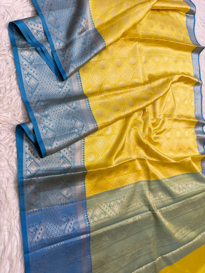Yellow firozi shade premium soft silk Banarasi saree
