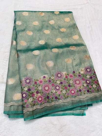 Sea green shade tissue cutwork embroidery premium designer Banarasi saree