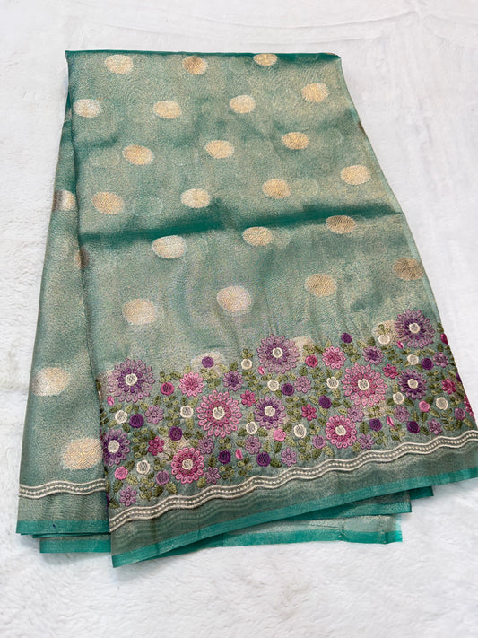 Sea green shade tissue cutwork embroidery premium designer Banarasi saree