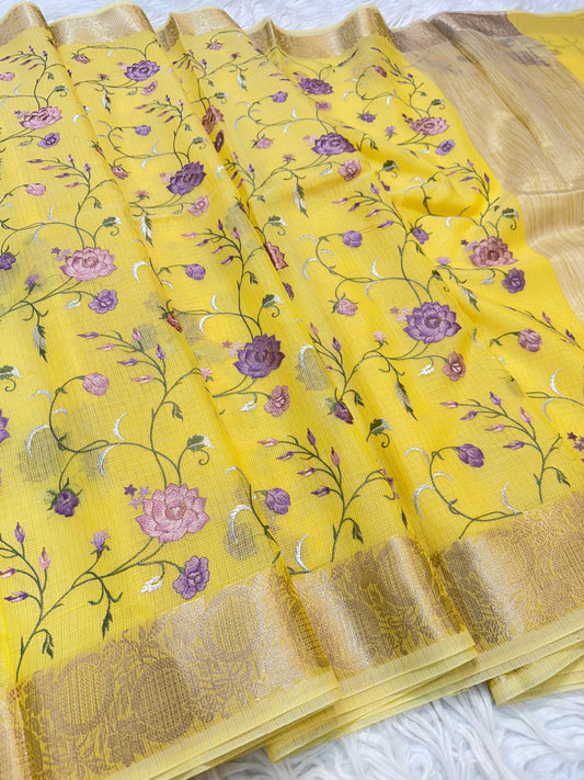 Yellow shade kota  embroidery Banarasi saree