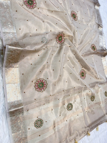 Silver shade tissue kota designer handwork premium Banarasi saree
