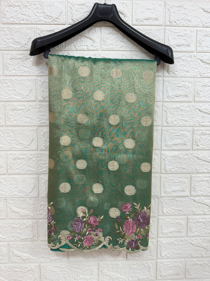 Sea green tissue cutwork embroidery premium designer Banarasi saree