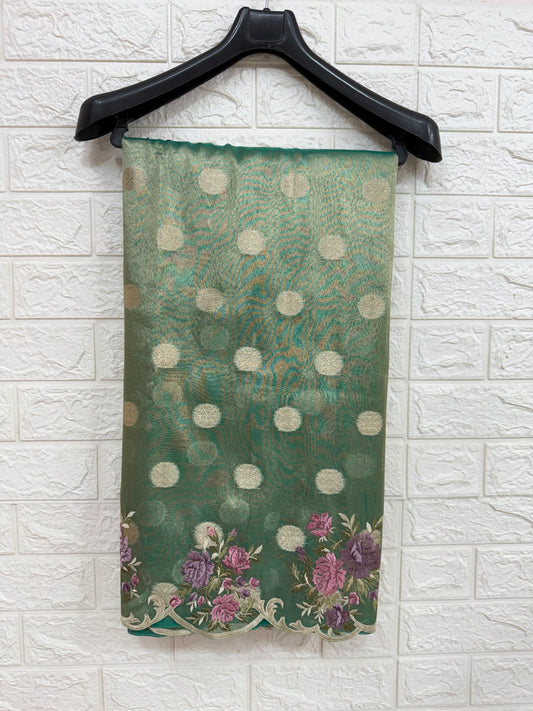 Sea green tissue cutwork embroidery premium designer Banarasi saree