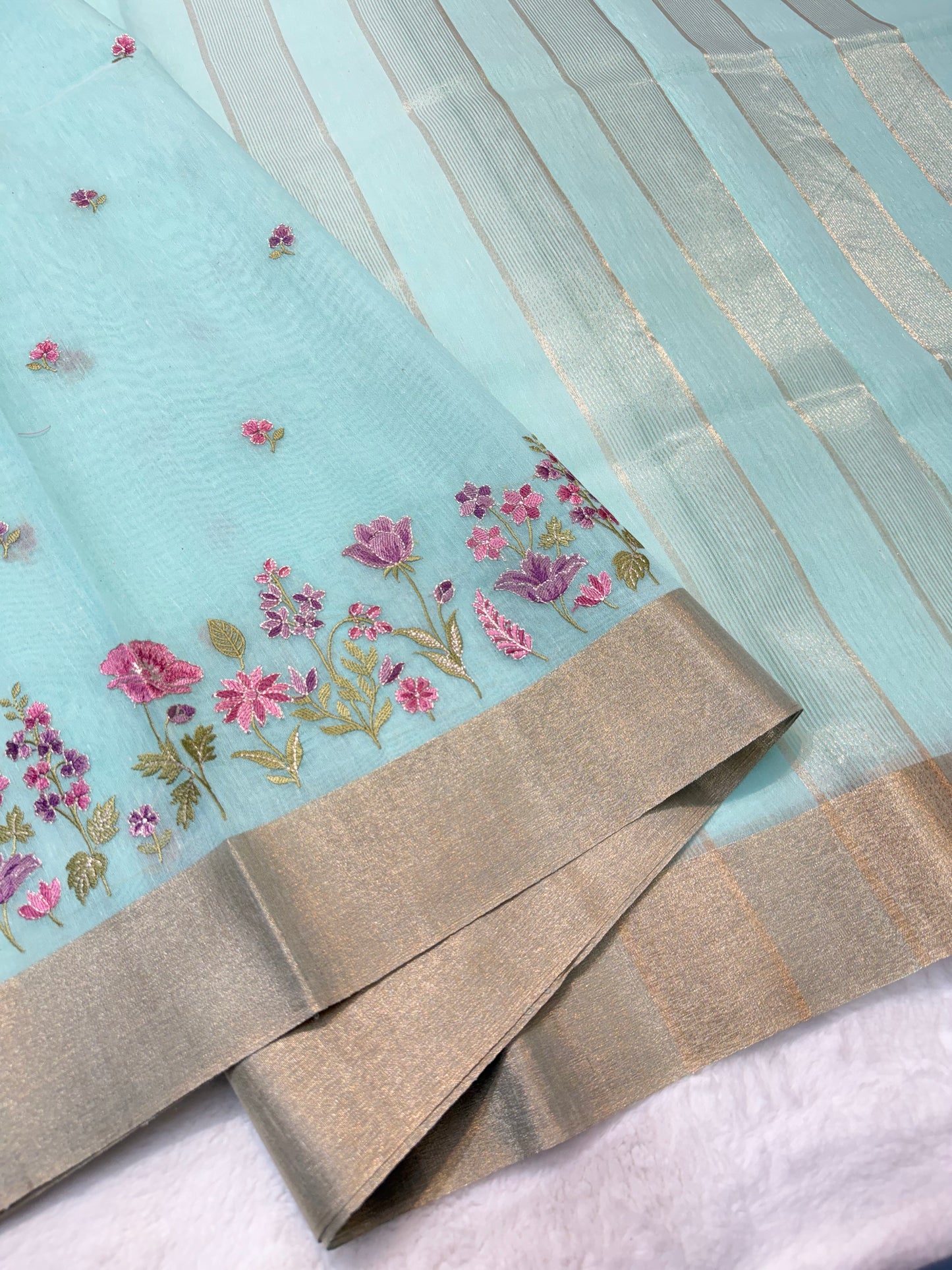 Turquoise shade linen embroidery premium Banarasi saree