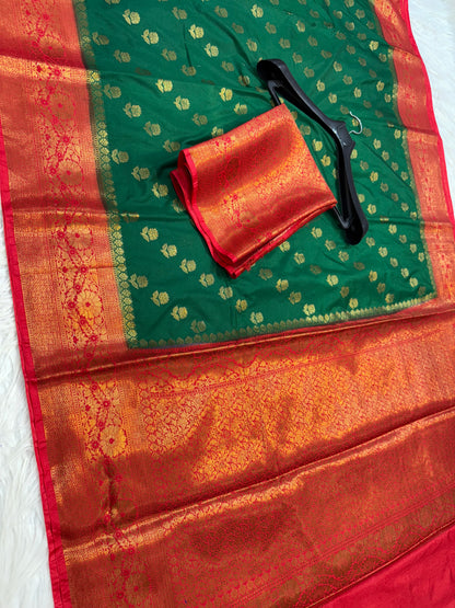 Bottle green red shade Dupion Silk premium Banarasi Saree