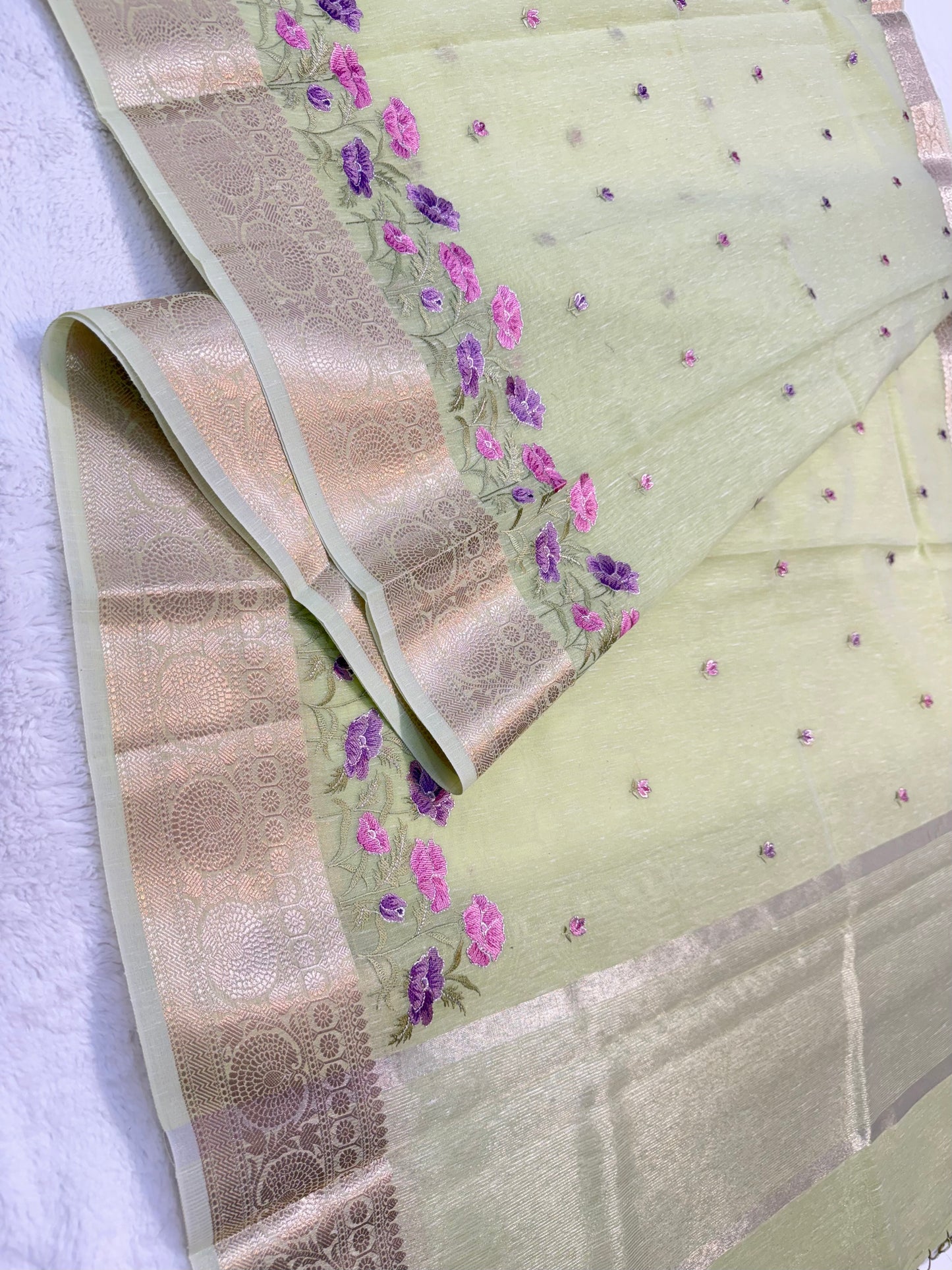 Pista green shade linen embroidery Banarasi saree