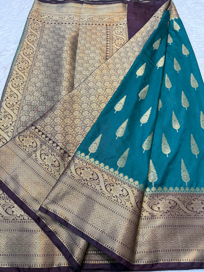 Bottle green wine shade Dupion Silk Banarasi Saree 