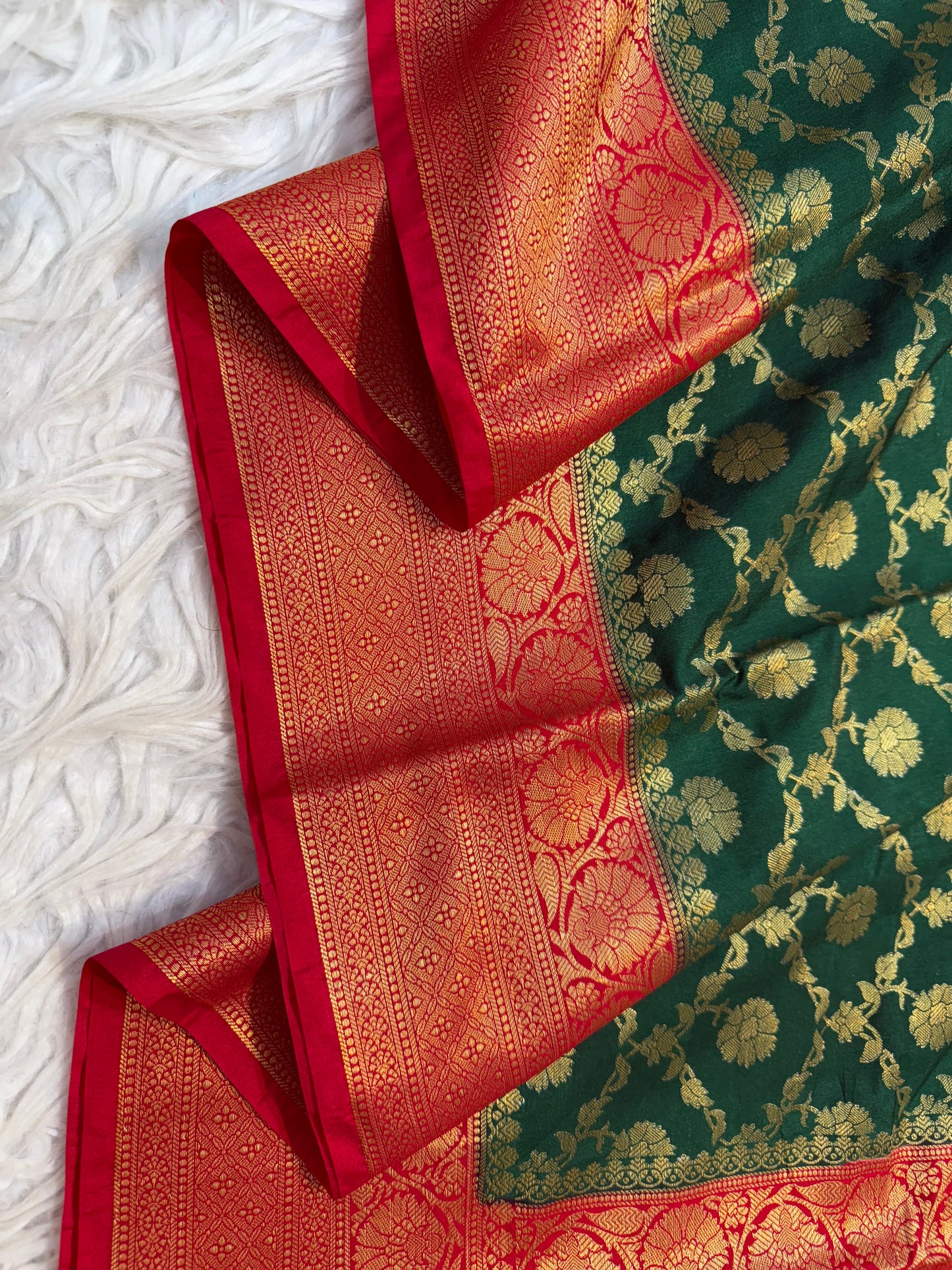 Bottle green red shade  Dupion Silk premium Banarasi Saree
