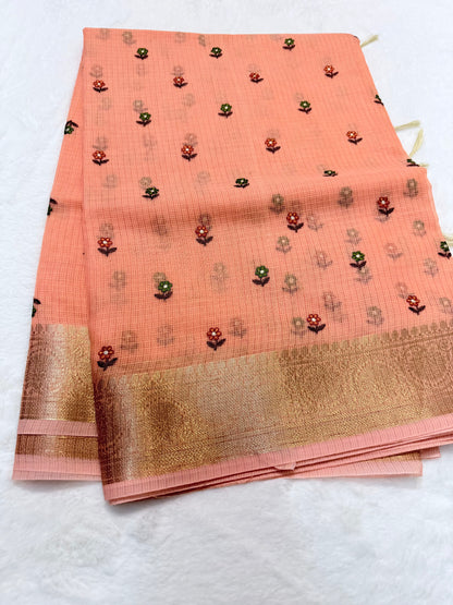 Peach shade cotton kota embroidery Banarasi saree