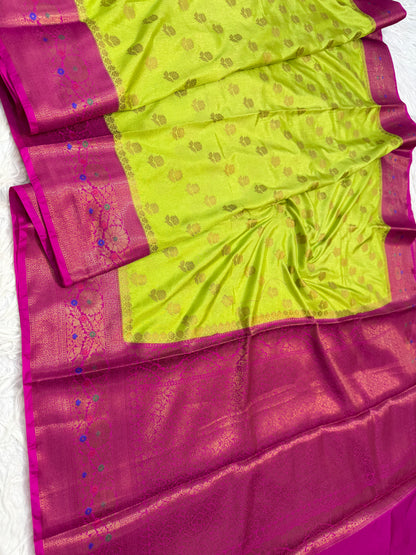 Pista green royal pink shade  Dupion Silk premium Banarasi Saree
