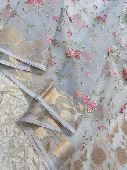 Grey shade kora organza  embroidery Banarasi saree