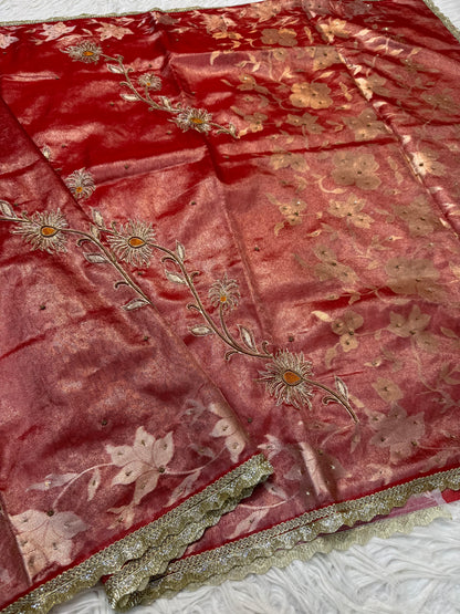 Red shade tissue ari & zardosi work designer premium Banarasi saree