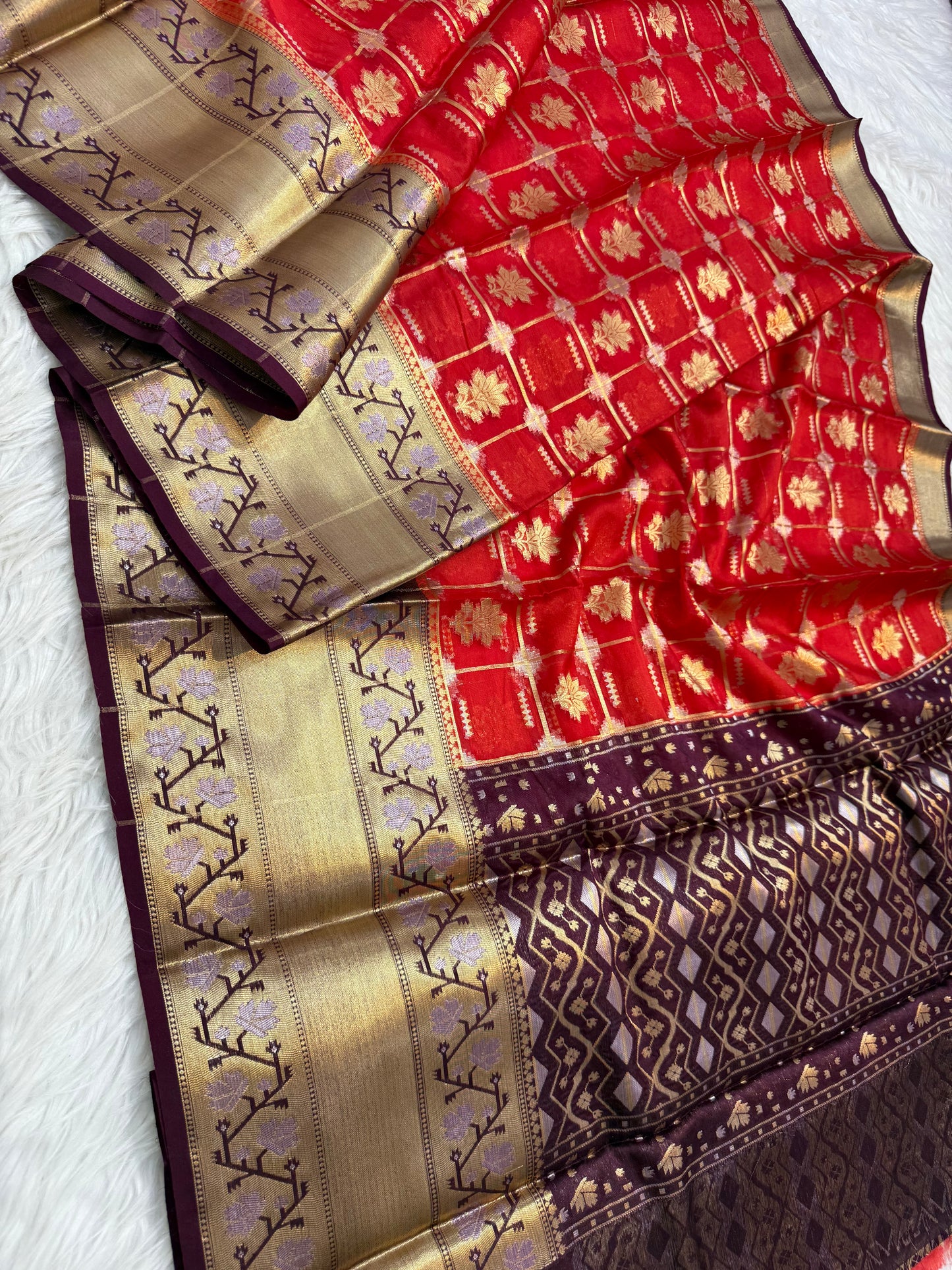 Red wine shade kora silk premium Banarasi saree