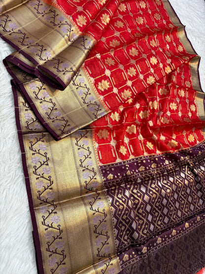 Red wine shade kora silk premium Banarasi saree
