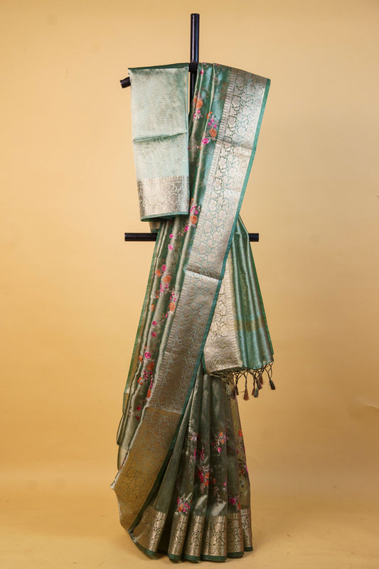 Bottle Green Tissue Designer Embroidery Premium Banarasi Saree