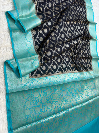 Black Sea green shade  Dupion Silk premium Banarasi Saree