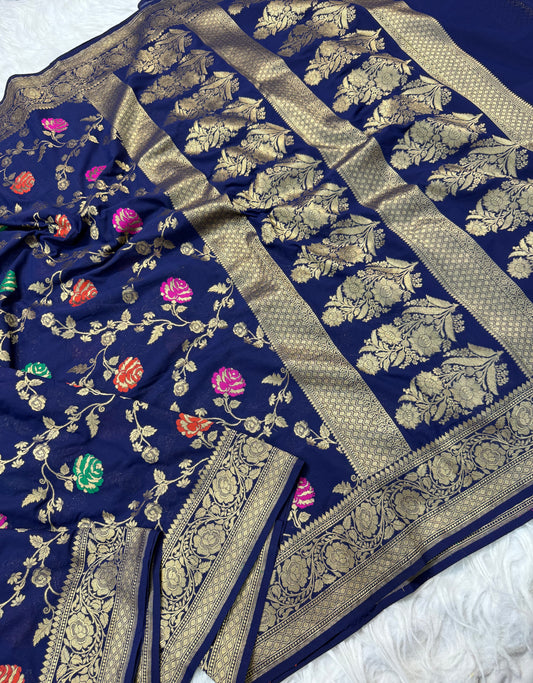 blue magenta shade khaddi georgatte premium Banarasi saree