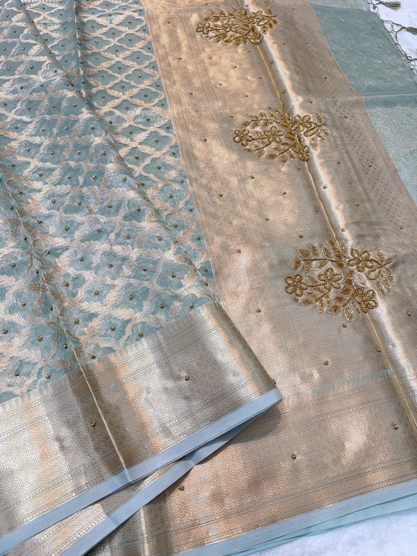 Sea green shade tissue kota designer handwork premium Banarasi saree