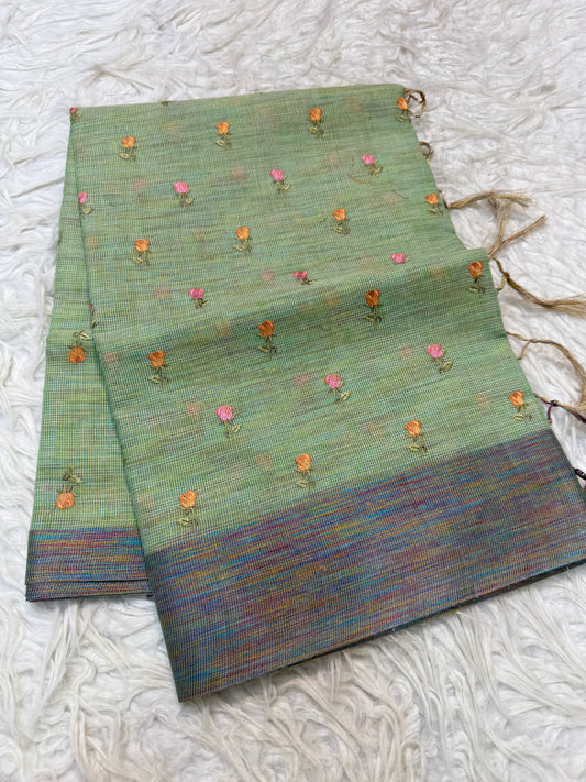 Pista green shade linen  embroidery Banarasi saree