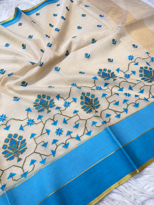 Off white powder blue shade tissue kota embroidery Banarasi saree