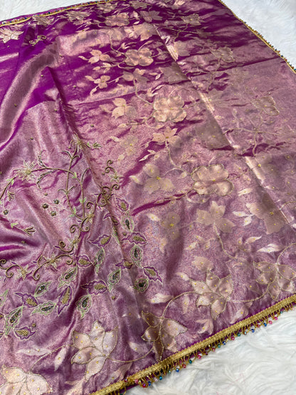 Magenta shade tissue ari & zardosi work designer premium Banarasi saree