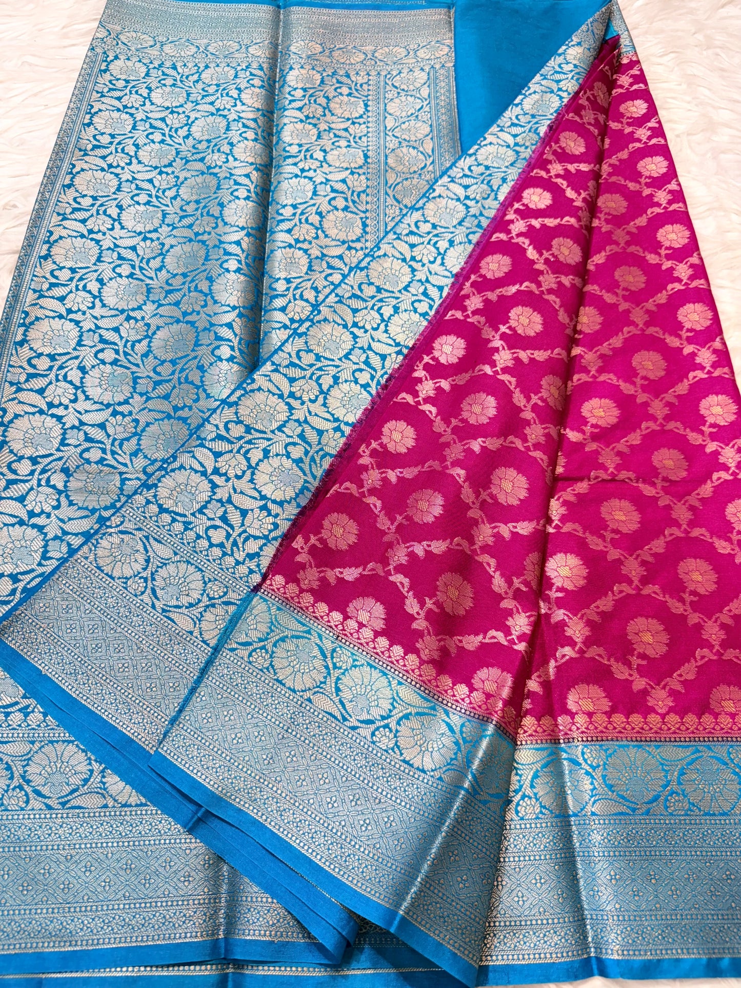 Royal pink firozi shade  Dupion Silk premium Banarasi Saree