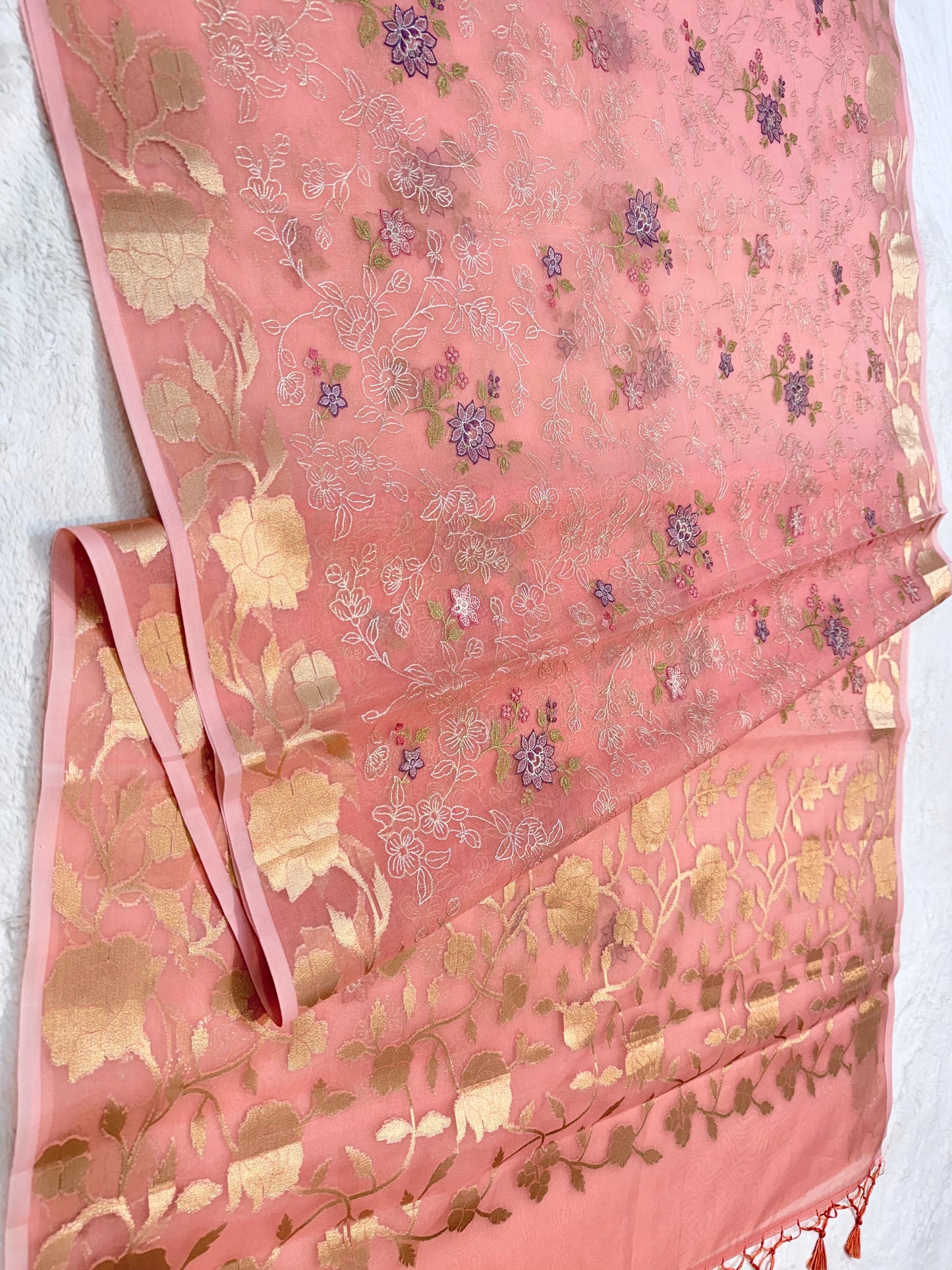Peach shade organza designer  embroidery premium Banarasi saree